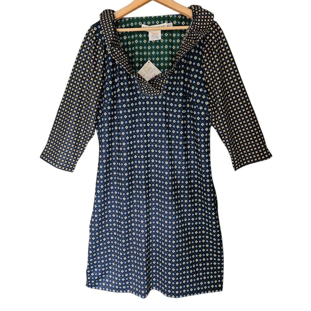 NWT Gretchen Scott Ruffneck Dress Foulardio Navy Print Statement Collar XL